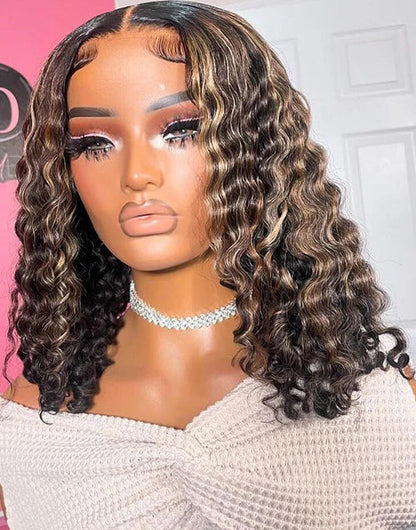 Melissa- Ombre Blonde Highlight With Dark Brown 13x5 Pre Everything Curly Bob Glueless Human Hair Wig