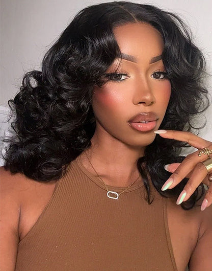 Pull Go Curtain Bangs Bouncy Wavy 6x5 Pre Cut Lace Wig [Medium Cap]