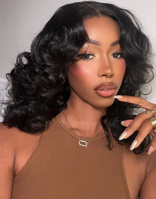 Pull Go Curtain Bangs Bouncy Wavy 6x5 Pre Cut Lace Wig [Medium Cap]