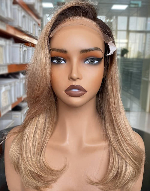 20" Ombre Honey Side Bangs Layered Wavy 6x5 Pre Cut Lace Glueless Wig