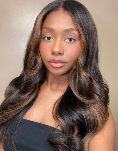 Clara- Brown Highlights Glueless Upgraded 13x5 Pre Cut HD Lace Frontal Body Wave Wig Black Roots Human Hair