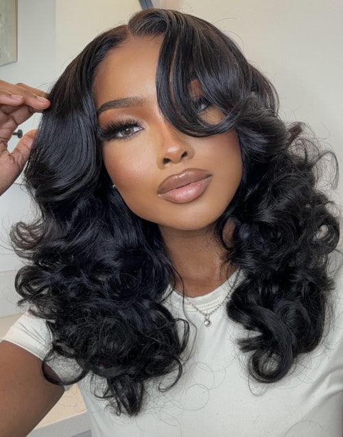 Dinah- Glueless Pull Go Face Framing Full Bouncy Wavy Human Hair Curtain Bangs Pre Cut Lace