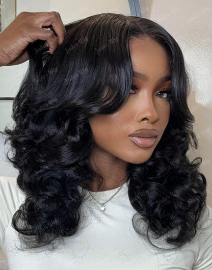 Dinah- Glueless Pull Go Face Framing Full Bouncy Wavy Human Hair Curtain Bangs Pre Cut Lace