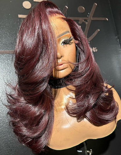 18" Burgundy Layered Slay Wavy 13x5 Pre Cut Lace Wig
