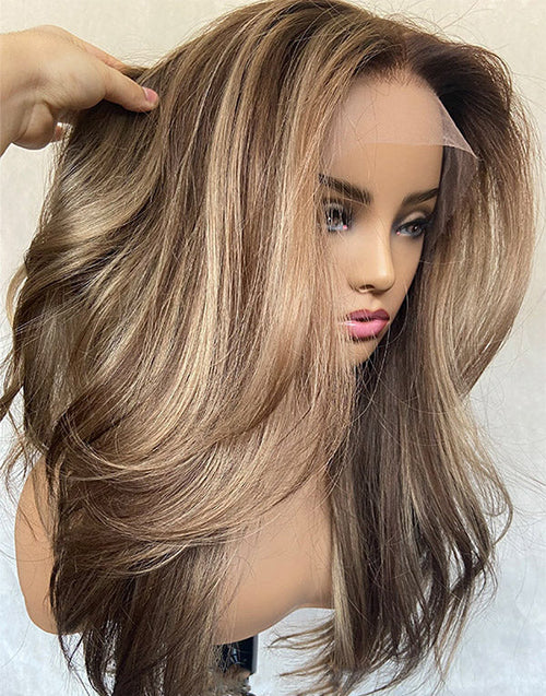 Fesy-Layered Wavy Mushroom Blonde Balayage Lace Front Wigs Shoulder Length Middle Part