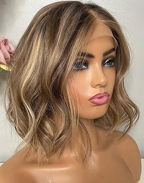 Mamie- Blonde Highlight Bob Wavy Wig Glueless 13x4 Lace Front Human Hair Wig