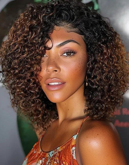 14" 16" Ombre Brown Curly Bob Layered Wig Glueless Wigs Pre Cut Lace