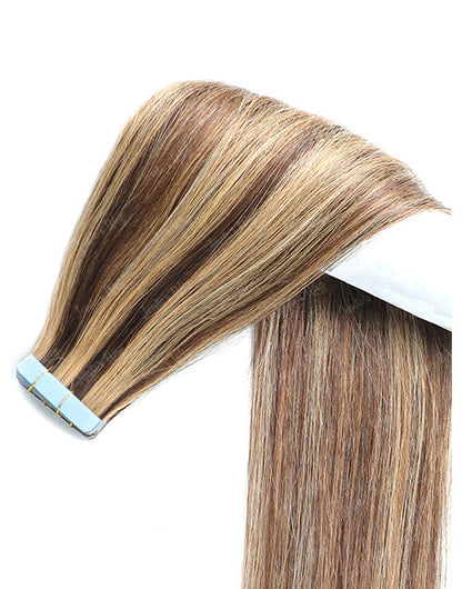 P4/27 Hair Tape Straight Human Hair Extensions Brown With Blonde Highlights