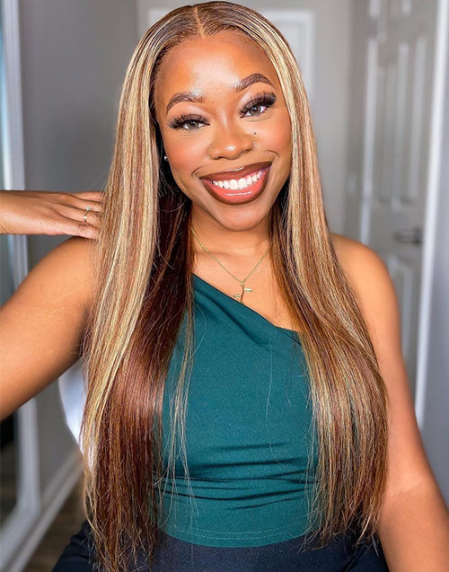 Freetress 6x5 Cap Glueless Pull Go Piano Honey With Brown Highlight Straight Wig Fit All Head Size