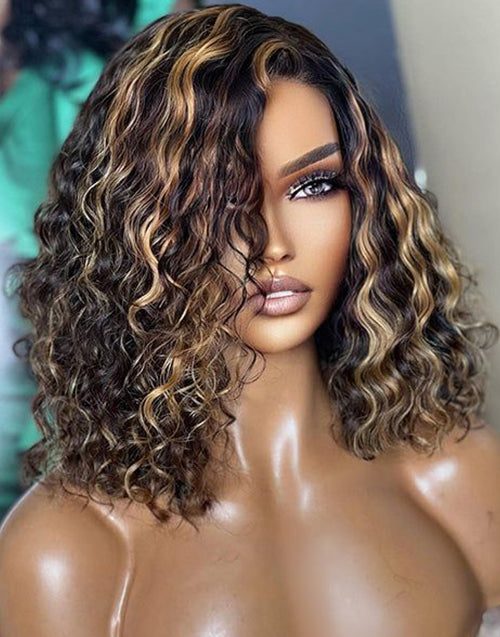 10" Highlight Honey Curly 13x4 Lace Front Bob Wig