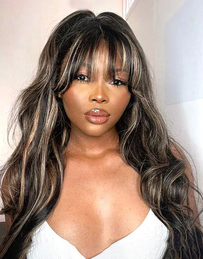 14" Highlight Honey Body Wave Wig With Airy Bangs Pre Cut Lace