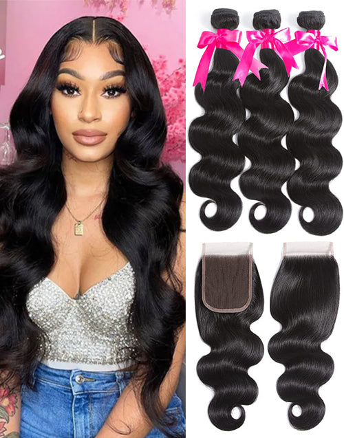 Body Wave Bundles With Closure Human Hair 3 Bundles With 4x4 Lace Closure