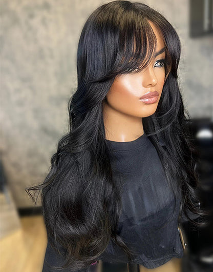 Wavy Layer Haircut Wig With Curtain Bangs Pre Cut Lace Glueless Human Hair Wig