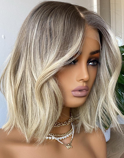 Mela-Ombre Ash Blonde Short 13x6 Lace Front Bob Wig With Ash Root Glueless Human Hair Wig