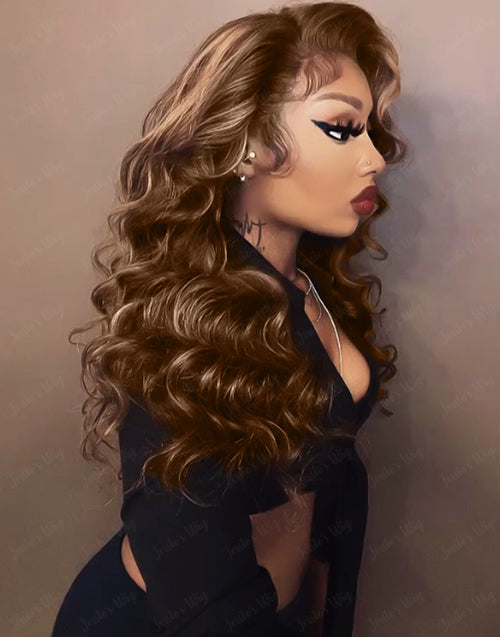 Aurora- Highlights Honey Brown Loose Wavy 13x4 Frontal Lace Glueless Wig Human Hair