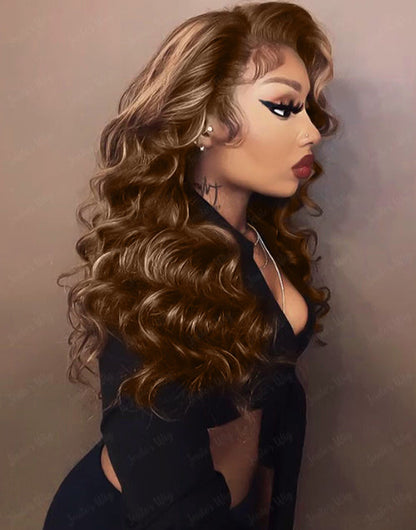 Aurora- Highlights Honey Brown Loose Wavy 13x4 Frontal Lace Glueless Wig Human Hair