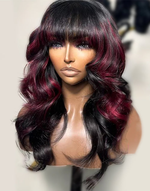 Ruby- Highlight 99J Wavy 13x5 Pre Cut Lace Glueless Wig With Bangs With Black Roots Mid Length