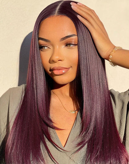 Burgundy Color Glueless Straight Layered Human Hair Wigs 13x5 Pre Everything Lace Frontal Wig
