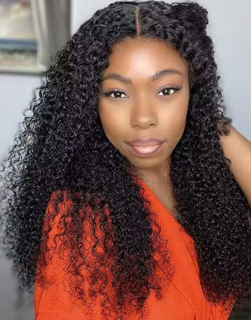 22" Thin V Part Handtied Wig Kinky Curly Human Hair Wig No Leave-Out