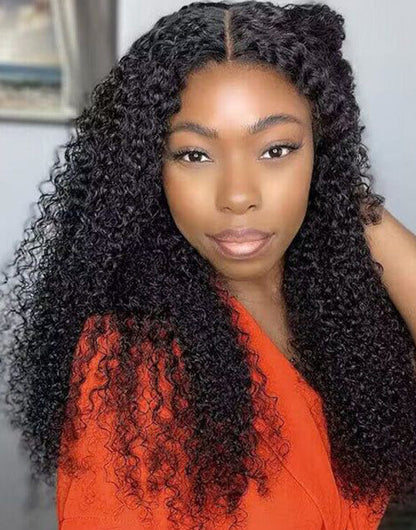 22" Thin V Part Handtied Wig Kinky Curly Human Hair Wig No Leave-Out