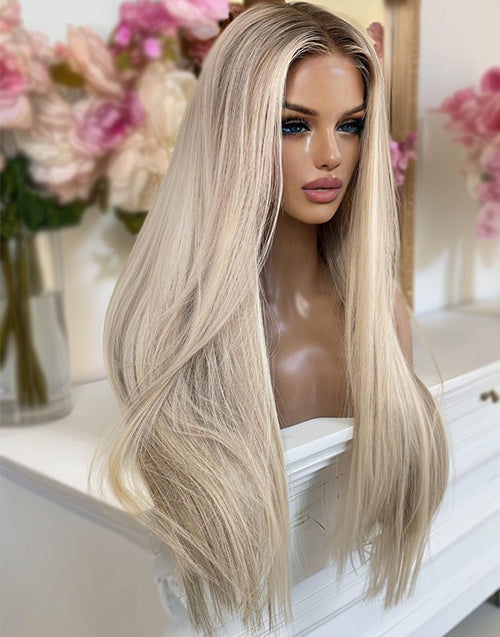 Isla-Highlights Ash Blonde Straight Wig 13x4 Frontal Lace Wig Glueless Human Hair Wig