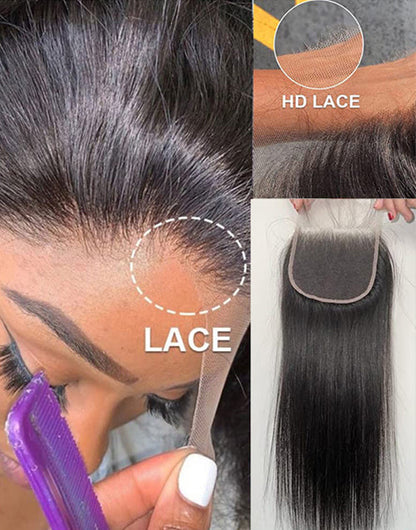 Straight Hair 3 Bundles With HD 4x4 Lace Closure Ultra-thin Invisible Swiss Lace Human Hair With Closure