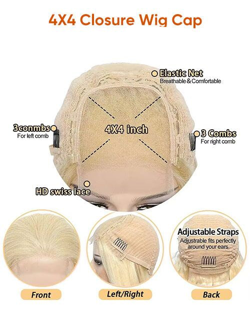 Vera-Curtain Bangs Ombre Ash Blonde 4x4 Lace Bob Highlight Human Hair Wig Glueless Wig