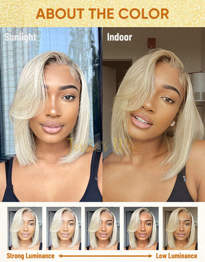 Comparison of blonde hair color under sunlight and indoor lighting, with a woman modeling the hair.