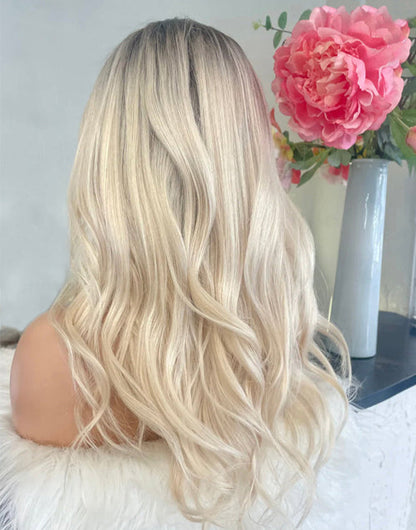 Lily-Ombre Light Ash Blonde Wavy Hair 13x4 Lace Front Wig With Dark Roots Glueless Lace Wigs