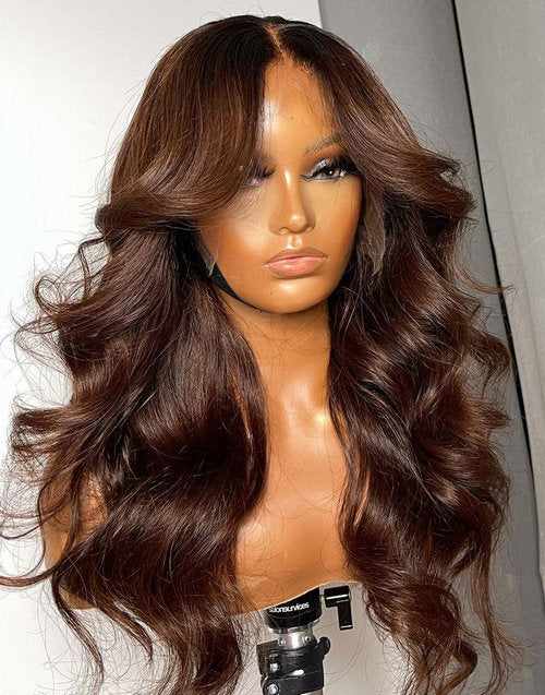 Ellen- Glueless Pull Go Wig Curtain Bangs BIGEKANE Recommend #4 Light Brown Wavy Pre Styled Lace Front Human Hair Pre Cut Wigs