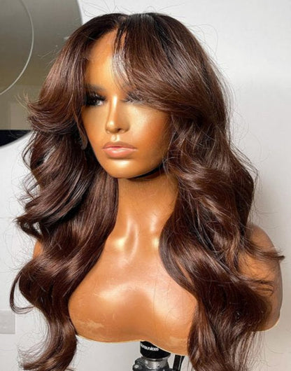 Ellen- Glueless Pull Go Wig Curtain Bangs BIGEKANE Recommend #4 Light Brown Wavy Pre Styled Lace Front Human Hair Pre Cut Wigs