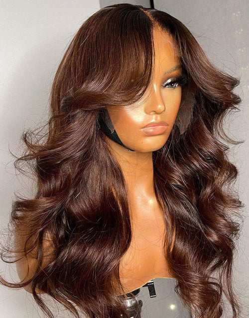 Ellen- Glueless Pull Go Wig Curtain Bangs BIGEKANE Recommend #4 Light Brown Wavy Pre Styled Lace Front Human Hair Pre Cut Wigs