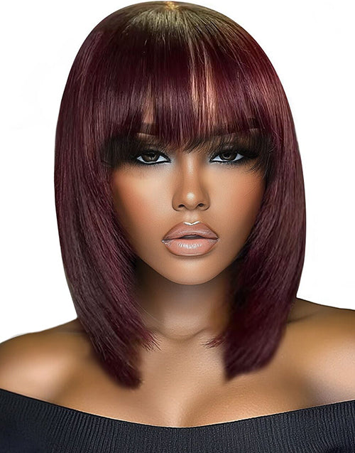 Page- Burgundy Layer Cut Straight Bob Wigs With Bangs No Glue No Gel Fringe Wigs