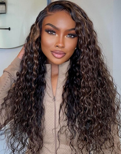 Ross- 13x5 Brown Highlight Wig Water Wave Pull Go Glueless Wig Pre Cut Lace