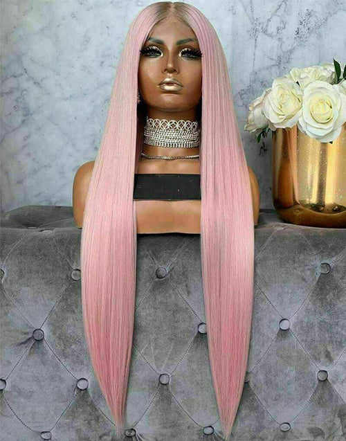 Belen-13x4 Ombre Light Pink Straight Lace Frontal Wig Pre plucked HD Lace Glueless Human Hair Wig