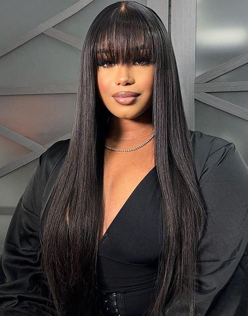 Sabina- Straight 13x5 Pre Everything Wig With Bangs Natural Black/Brown Glueless Human Hair Wig