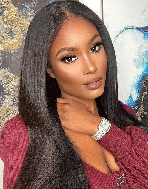 18" Kinky Straight Thin V Part Machinemade Wig No Leave-Out