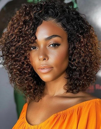 14" 16" Ombre Brown Curly Bob Layered Wig Glueless Wigs Pre Cut Lace