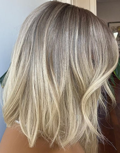 Mela-Ombre Ash Blonde Short 13x6 Lace Front Bob Wig With Ash Root Glueless Human Hair Wig