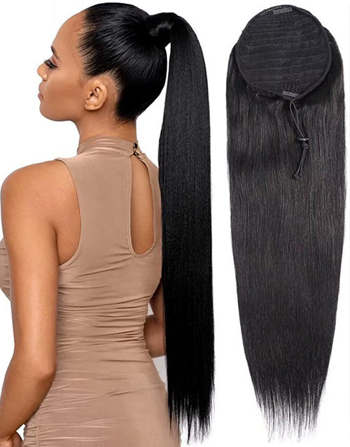 Ponytail Human Hair Extensions With Clip 12"-30" Straight Human Hair Drawstring Ponytail For Women 1 Piece
