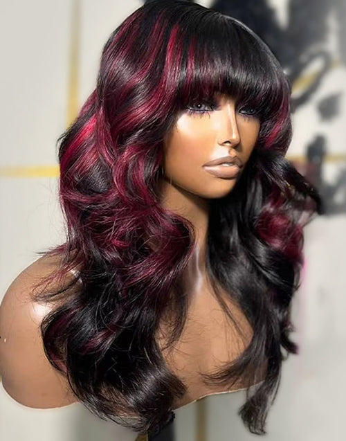 Ruby- Highlight 99J Wavy 13x5 Pre Cut Lace Glueless Wig With Bangs With Black Roots Mid Length
