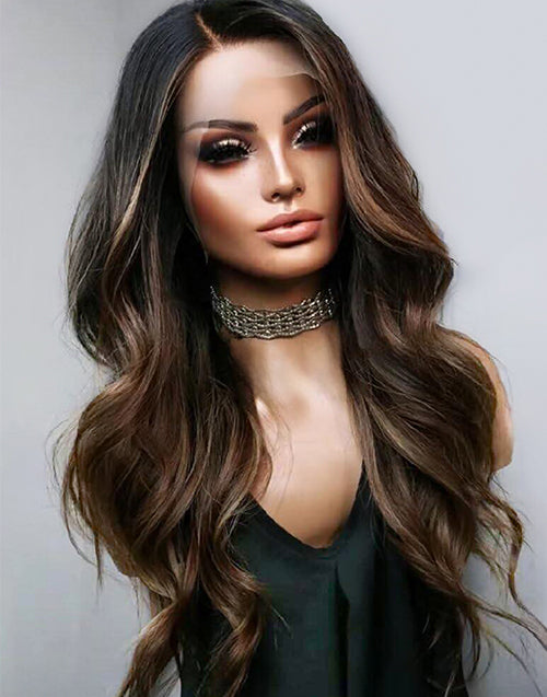 Roma- Mushroom Brown Balayage Wavy Glueless Wig For Women 13x4 Lace Human Hair
