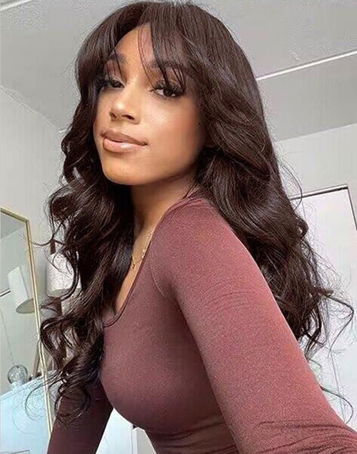 Dark Brown 13x5 Lace Body Wave Wig With Bangs [Medium Cap]