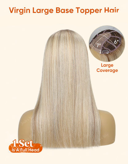 Remy Human Hair Topper Highlight Brown Mixed Platinum Blonde 6"X7" Lace Front Clip In