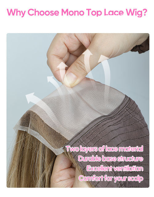 Hand holding a mono top lace wig with text explaining its features.