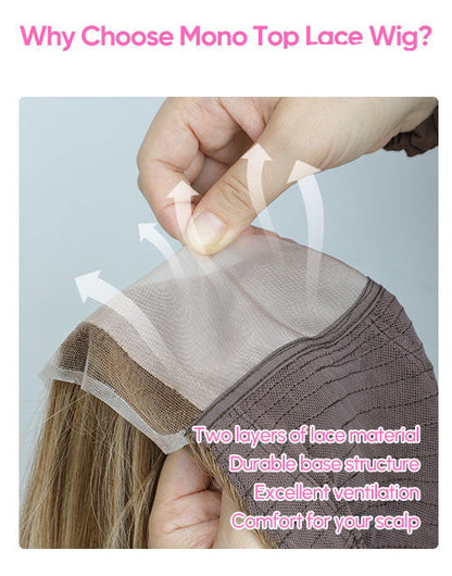 Hand holding a mono top lace wig with text explaining its features.