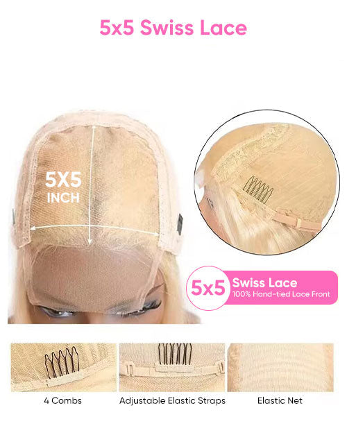 Wig with 5x5 Swiss lace and detailed features on a white background