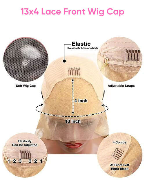 Lace front wig cap with detailed features and measurements on a white background