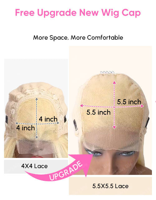 Wig cap with measurements and text about free upgrade and lace type.
