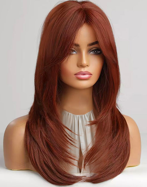 Gloria-Auburn Red Glueless Curtain Bang Wig Layer Cut Straight 13x5 Pre Cut Lace Wig Middle Length